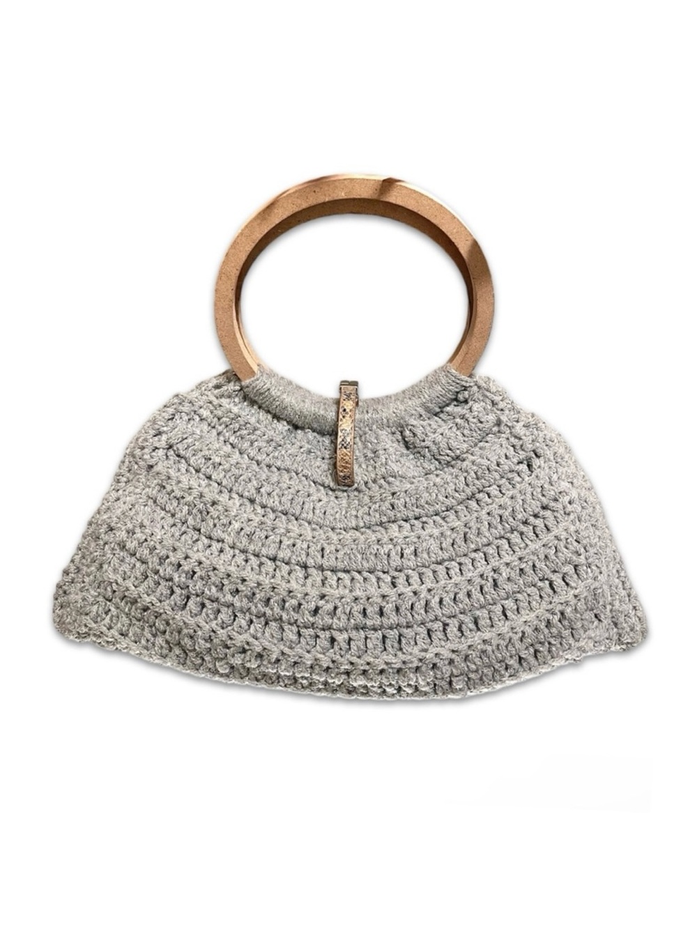 Handwoven Silver & Gray Knit Crochet satchel Bag Wooden Handles Lurex Shimmer